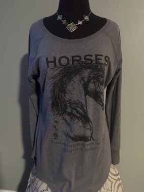 Horses Graphic Long Sleeve Tee - Gray